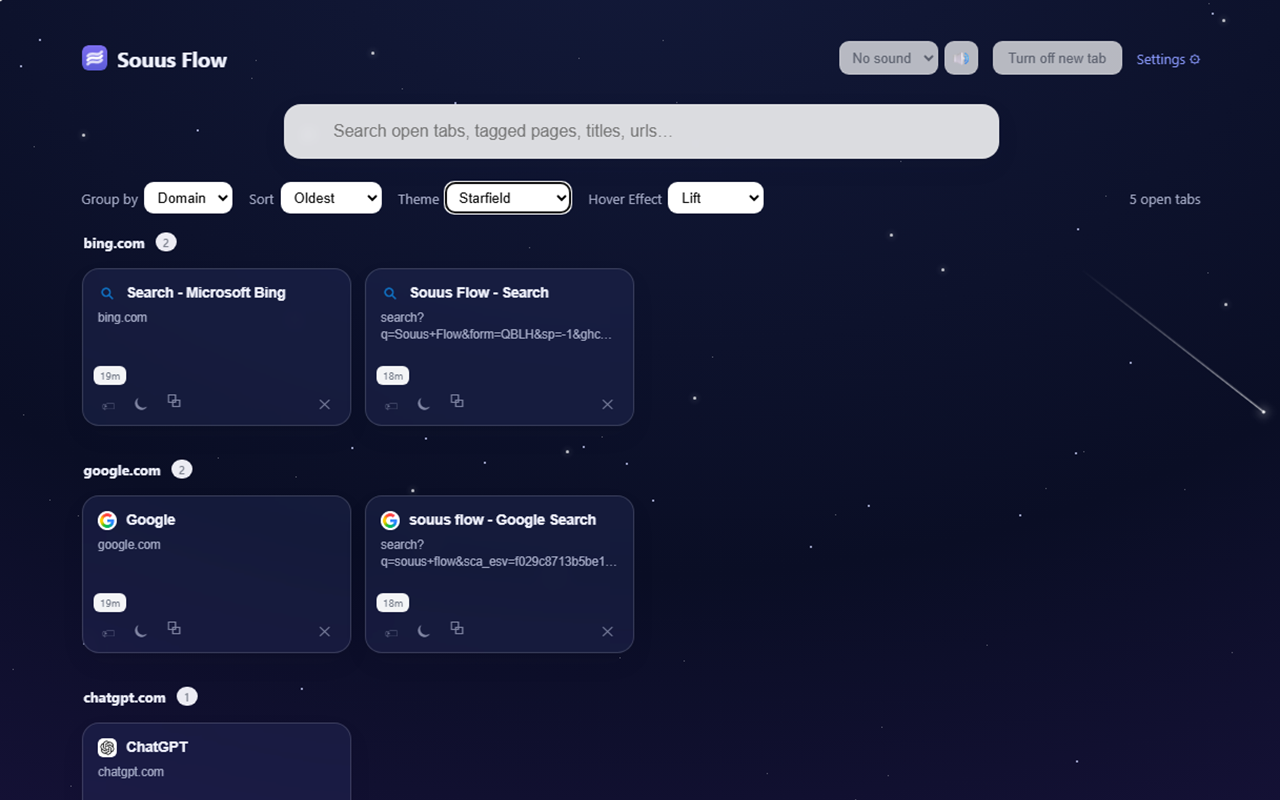 Souus Flow tab dashboard showing organized tabs with the starfield theme